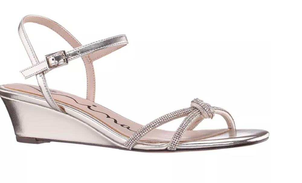 Nina Valeria Dress Wedge Sandals 5 NWOT Gold Platino Jewel Heels Cocktail Formal